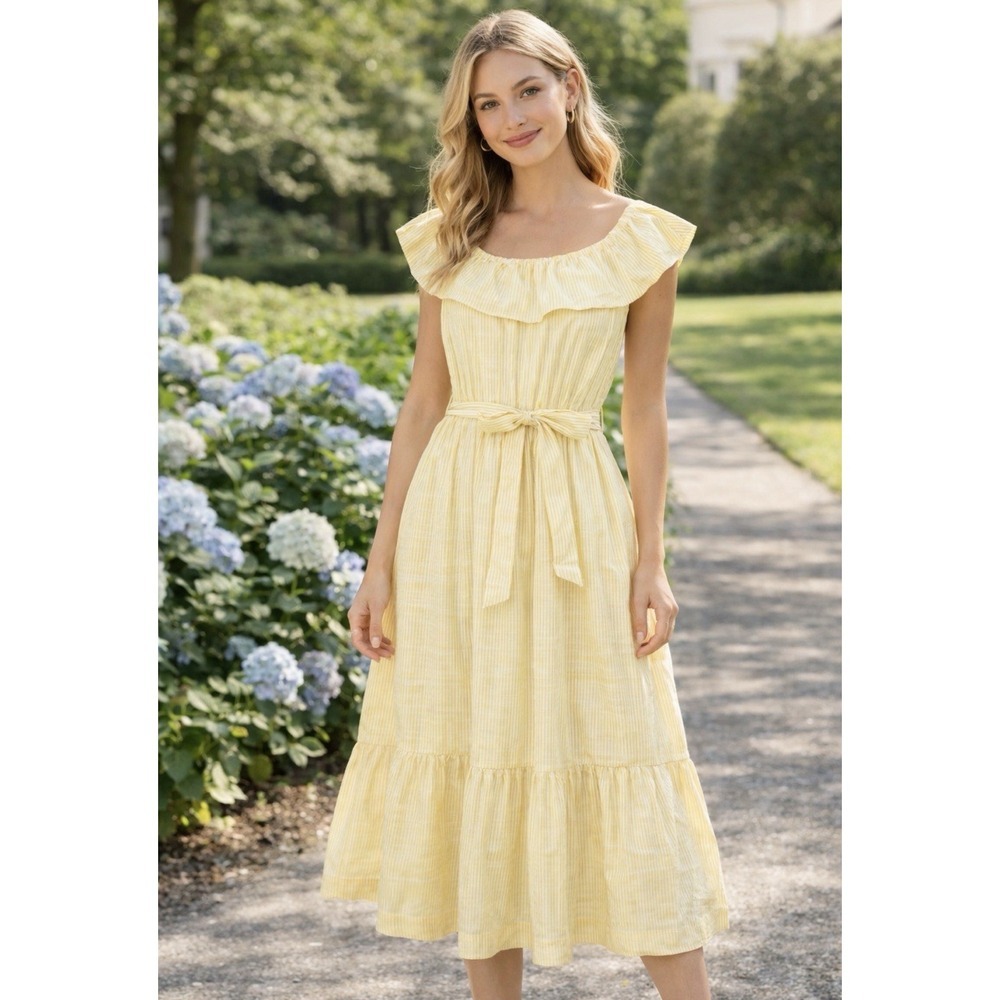 NEW! Draper James RSVP Ruffle Neck Striped Midi Dress Belt Yellow White SZ 2